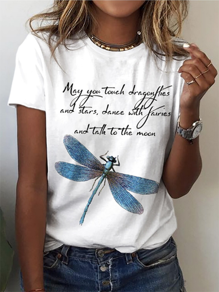 

Casual Dragonfly Crew Neck Short Sleeve T-Shirt, White, T-Shirts