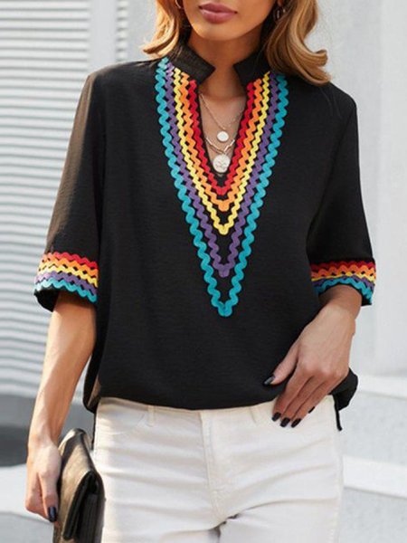 

Color Block Loosen Vacation Short Sleeve Top, Black, Tops