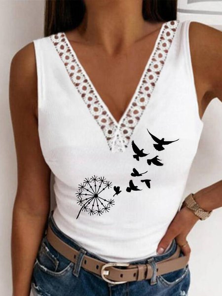 

V Neck Dandelion Casual, White, Tank Top