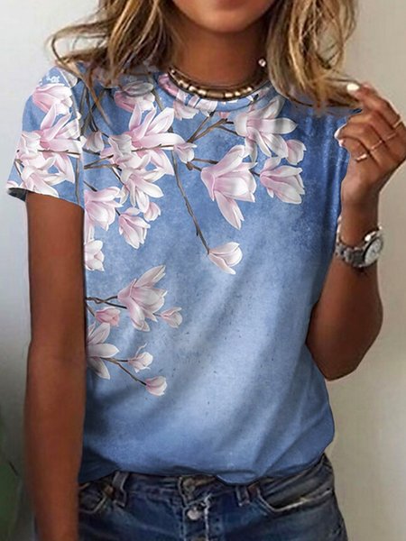 Casual Short Sleeve T-Shirt, Blue, T-Shirts