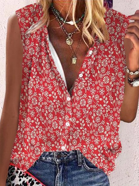 

Floral Casual Boho Buttoned Sleeveless Loosen Blouse, Flower, Blouses & Shirts
