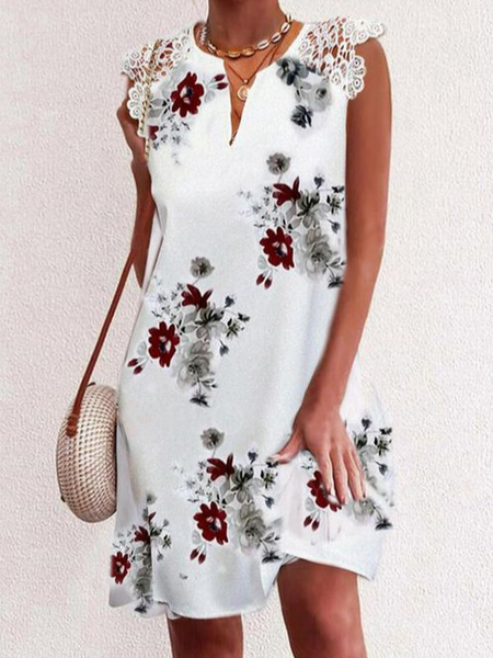 

V Neck Floral Casual Sleeveless Woven Dresses, White, Dresses