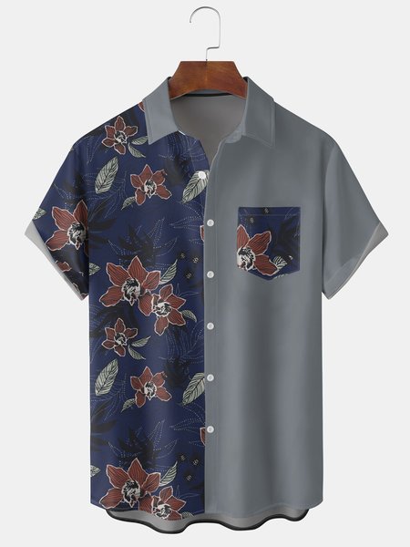 

Men's Vintage Colorblock Floral Print Casual Breathable Hawaiian Short Sleeve Shirt, Blue, Men's Floral shirt