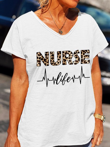 

Nurse Life Fun Leopard Print V-Neck T-Shirt, White, T-shirts