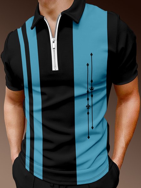 

Casual Art Collection Striped Geometric Abstract Lapel Short Sleeve Polo Print Top, Black, Men's t-shirts