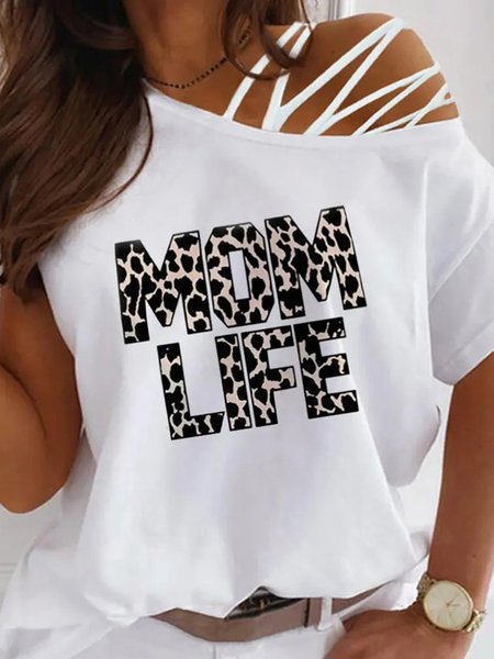 

Mom Life Casual Leopard Off The Shoulder Short Sleeve T-Shirt, White, T-Shirts