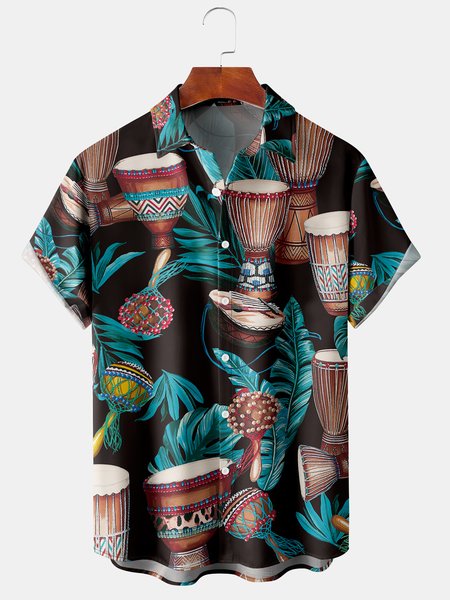 

Men's Tambourine Music Print Casual Breathable Hawaiian Short Sleeve Shirt, Black, Men's Floral shirt
