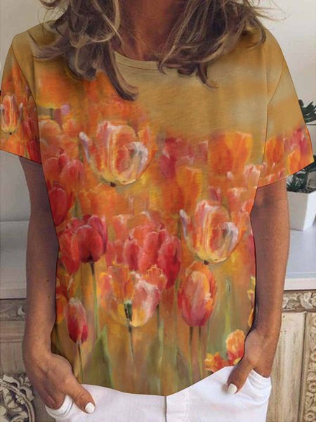 

Casual Simple Tulip Print Crew Neck T-Shirt, As picture, T-shirts