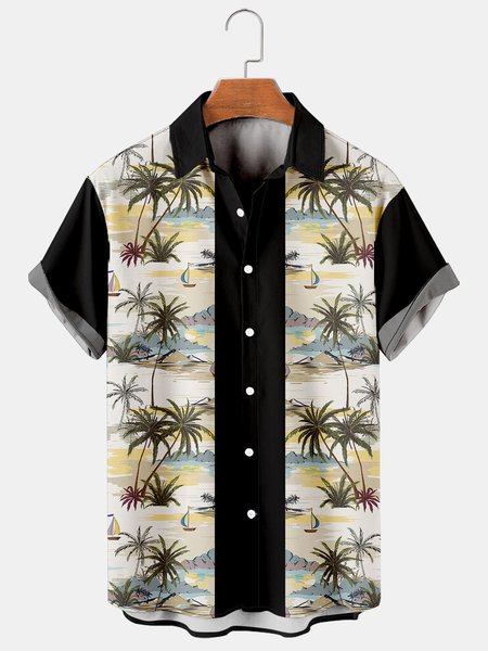 

Men's Coconut Tree Print Casual Breathable Hawaiian Short Sleeve Shirt, Black, Men's Floral shirt