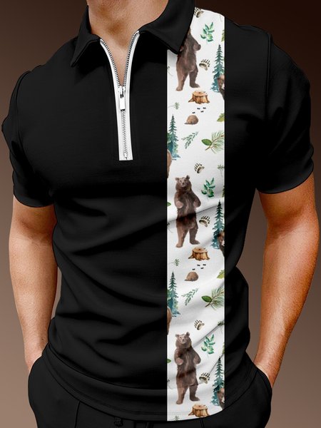

Casual Outdoor Collection Explore Camping and Bear Elements Lapel Short Sleeve Polo Print Top, Black, Men's t-shirts