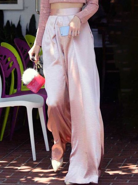 

Elegant Regular Fit Wide Leg Plain Pants, Pink, Wide Leg Pants
