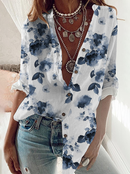 

Shirt Collar Casual Long Sleeve Blouse, Blue, Blouses & Shirts