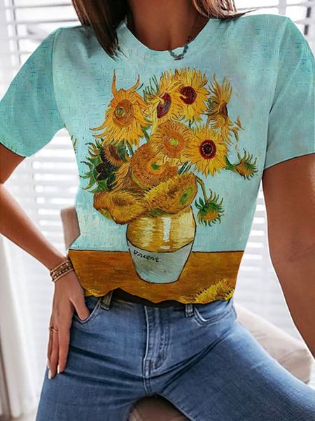 

Regular Fit Casual Floral Short Sleeve T-Shirt, Lightgreen, T-Shirts