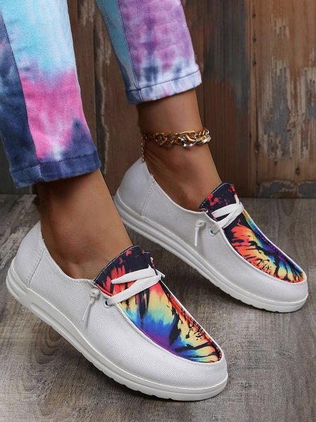 

Multicolored Tie-Dye Gradient Canvas Lace-Up Flats, White, Flats
