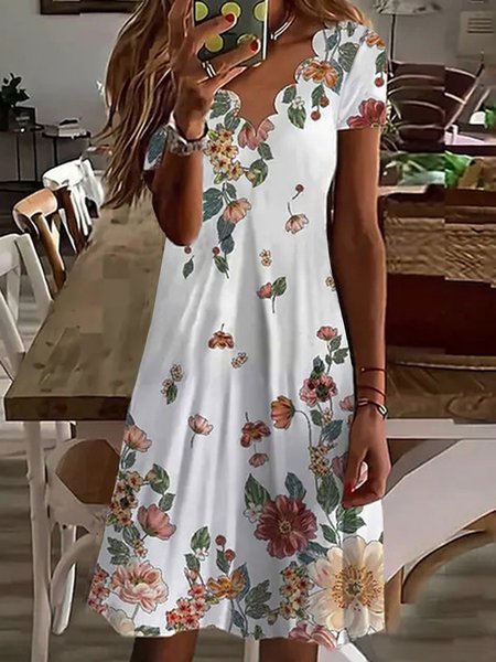 

Casual Floral Loose Short Sleeve Knit Dress, White, Short