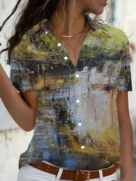 

Abstract Print Women's Short Sleeve Shirt, As picture, Blouses