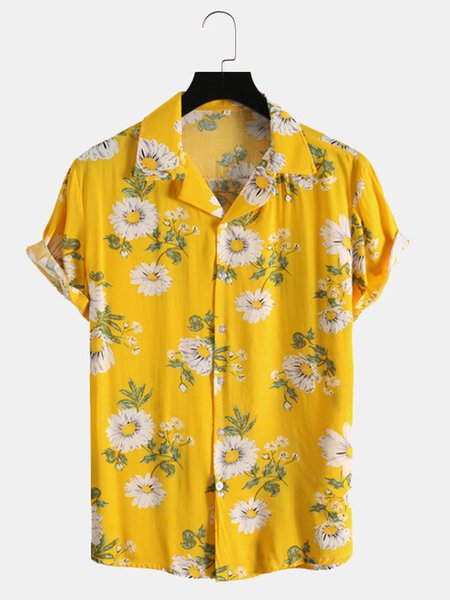 

Men's Casual Hawaiian Resort Style Short Sleeve Printed Shirt, Yellow, Men's Floral shirt