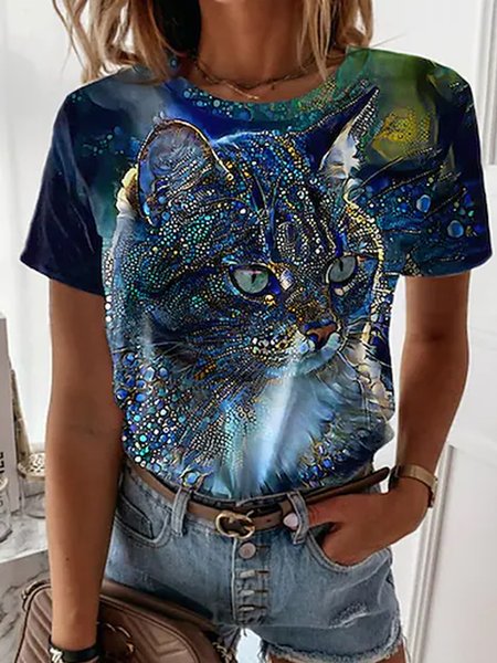Animal Round Neck Short Sleeve T-Shirt, Blue, T-Shirts