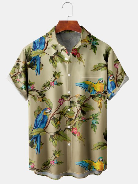 

Men's Parrot Print Casual Breathable Hawaiian Short Sleeve Shirt, Yellow, Men's Floral shirt
