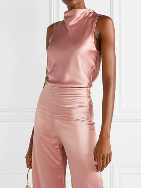 

Summer Stand Collar Lightweight Elegant Plain Woven Sleeveless, Pink, Tunics