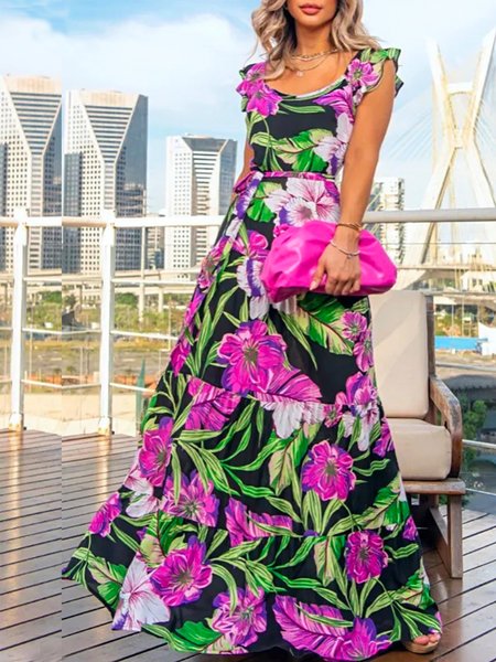

Crew Neck Vacation Cap Sleeve Floral Printed Dress, Purple, Maxi Dresses