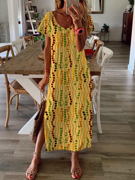 

Women's Short Sleeve Summer Striped Slit Jersey Dress Crew Neck Daily Going Out Casual Maxi H-Line T-Shirt Dress, Yellow, Dresses
