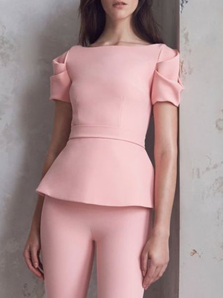 

Elegant Slim Fit Solid Crew Neck Short Sleeve Top, Pink, Tops