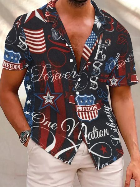 

Men’s National Flag Pattern Vintage Casual Short Sleeve Hawaii Shirt, Black, Short Sleeves Shirts