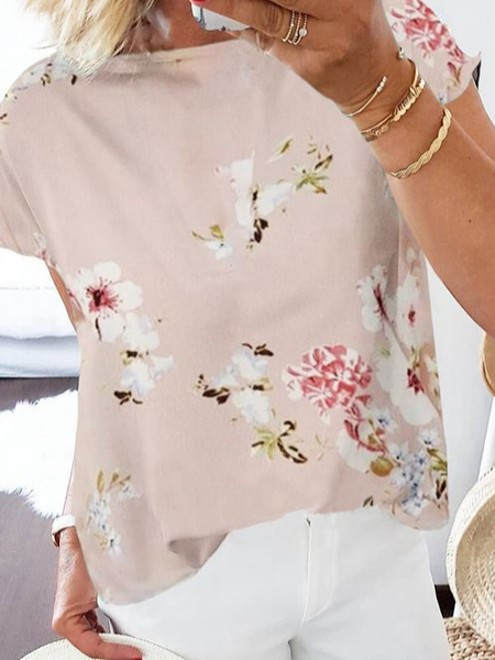 

Casual Floral Short Sleeve Tops, Pink, T-Shirts