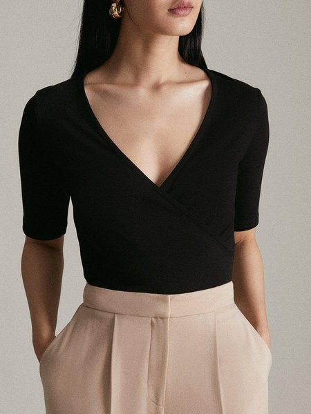 

Simple V Neck Short Sleeve T-Shirt, Black, Tees