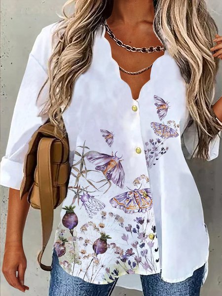 

Floral Cotton Blends Loosen Mid Sleeve Blouse, White, Blouses & Shirts