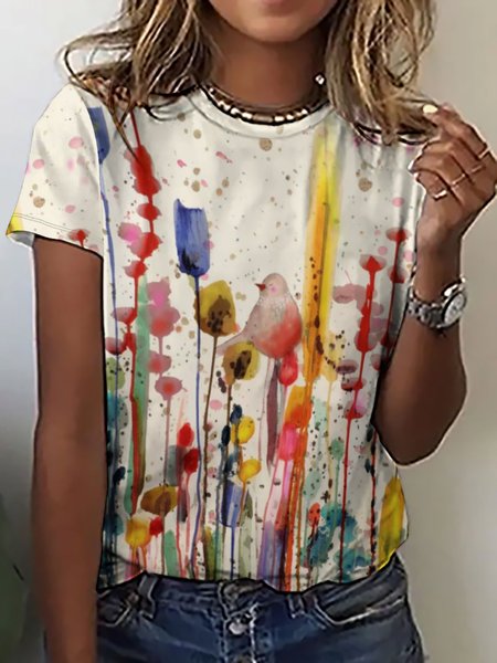 Casual Abstract Floral Bird Print Crew Neck T-Shirt, As picture, T-shirts