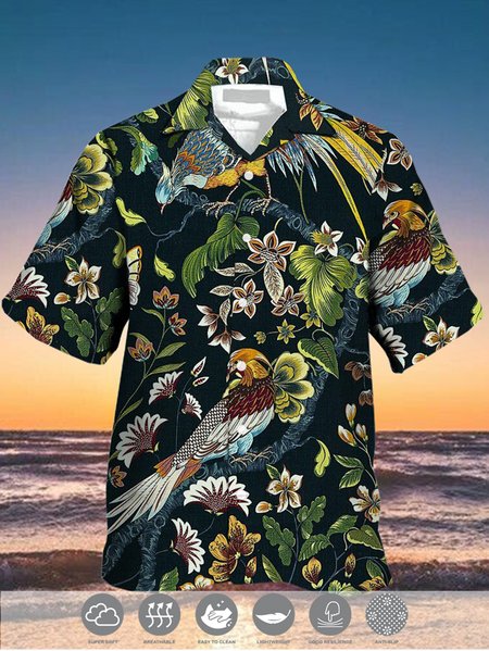 

Men's Casual Vacation Breathable Short Sleeve Hawaiian Shirt, Black, Men's Floral shirt