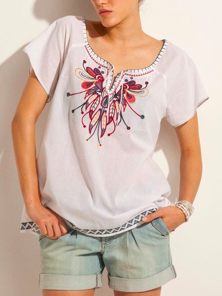 

Mexican Cotton and Linen Style Hot Sale Summer New Ladies Casual Popular Short Sleeve Tops, Multicolor, Shirts & Blouses