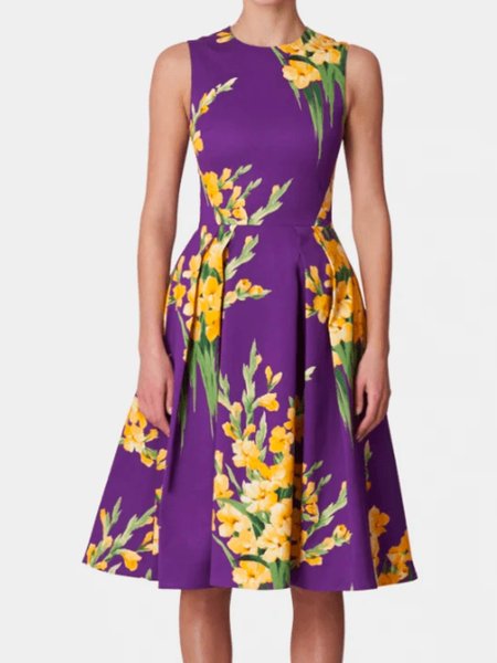

Summer Crew Neck Floral Short Sleeve Woven Fit and FlareX Dress, Purple, Midi Dresses