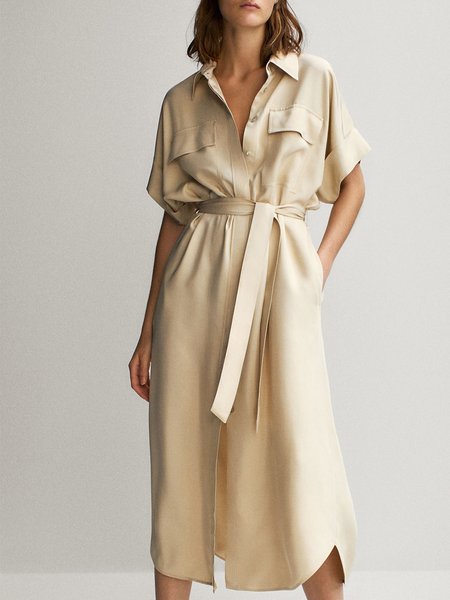 

Simple Solid Loosen Short Sleeve Woven Dress, Beige, Midi Dresses
