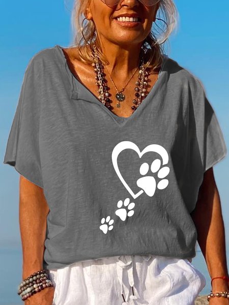 Casual Simple Paw Heart Graphic Print V-Neck T-Shirt, Gray, T-shirts