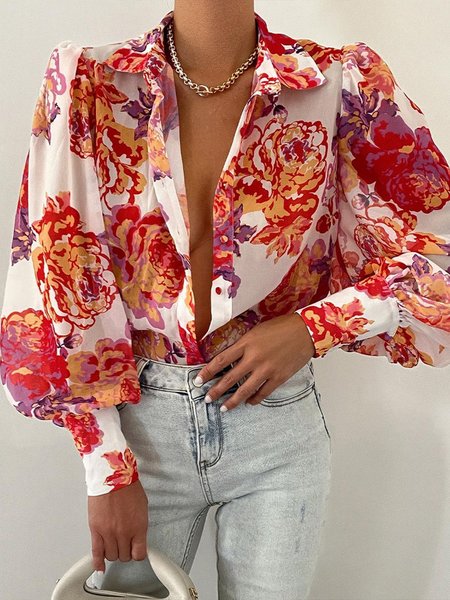 

Shirt Collar Vacation Long Sleeve Printed Blouse, Multicolor, Blouses and Shirts