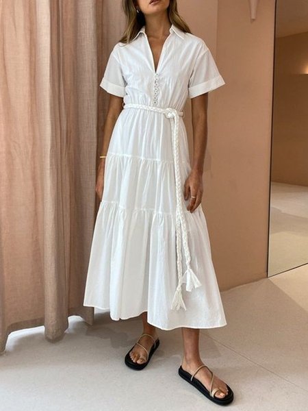 

Shirt Collar Vacation Short Sleeve Woven Dress With Belt, White, Maxi Dresses