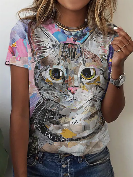 

Animal Crew Neck Casual Short Sleeve T-Shirt, As picture, T-Shirts