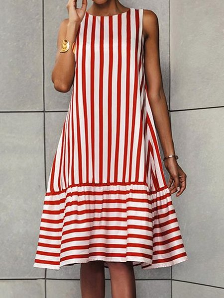 

Crew Neck Striped Woven Dress, Red, Midi Dresses