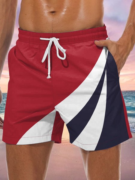 

Geometric Color Block Graphic Men's Casual Beach Shorts, Red, Men's shorts