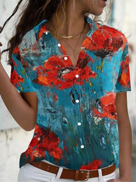 

Womens Floral Print Short Sleeve Blouse, As picture, Blouses