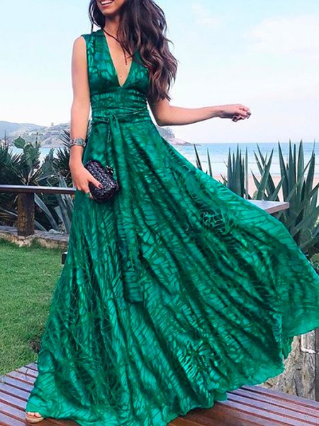

Elegant Sleeveless Abstract Regular Fit Maxi Dress, Green, Maxi Dresses