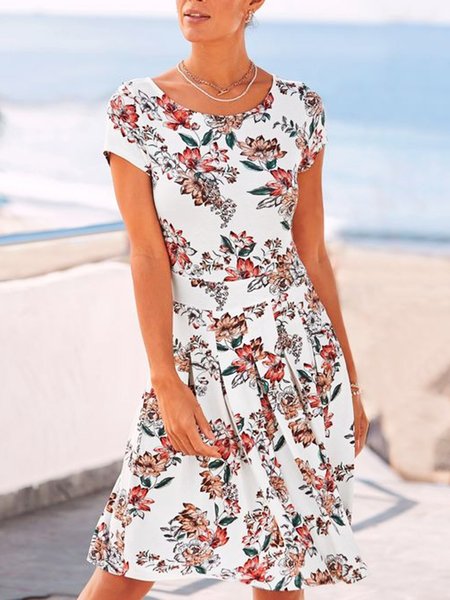 

Floral Vacation Boho Short Sleeve A-line Dress, White, Dresses