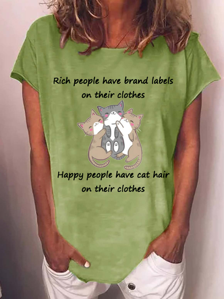 

Funny cat print round neck short sleeve T-shirt, Green, T-shirts