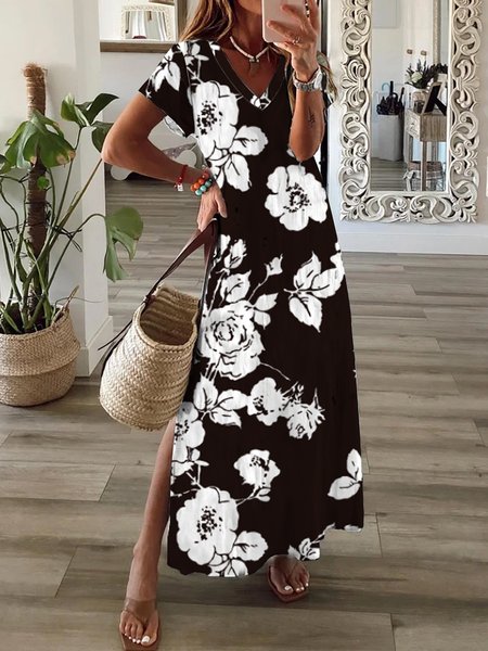

Floral Loosen V Neck Short Sleeve Knit Dress, Black, Maxi Dresses