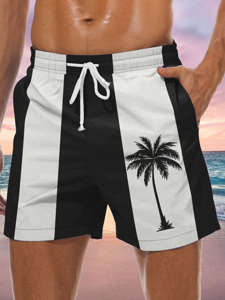 

Coconut Tree Graphic Men's Casual Beach Shorts, Black-white, Men's shorts
