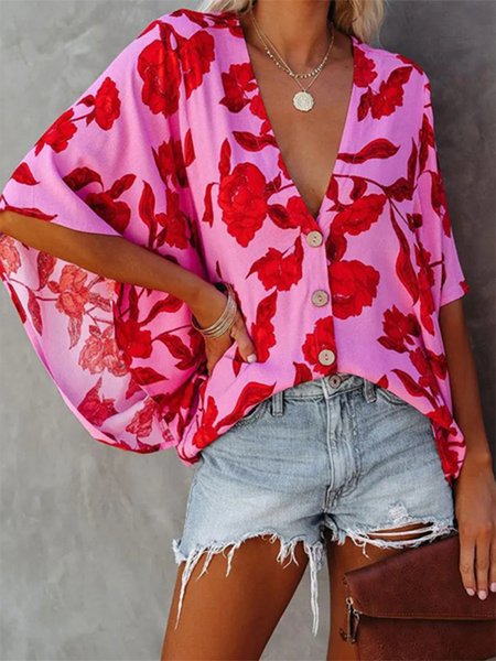 

V Neck Floral Short Sleeve Blouse, Red, Blouses & Shirts