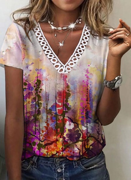 

V Neck Floral Casual Short Sleeve T-Shirt, As picture, T-Shirts